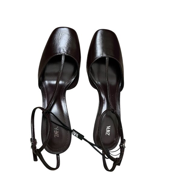 Zara Chocolate Brown Leather Heels - Size 6.5 - Square Toe & Ankle Strap Chic - Picture 4 of 10
